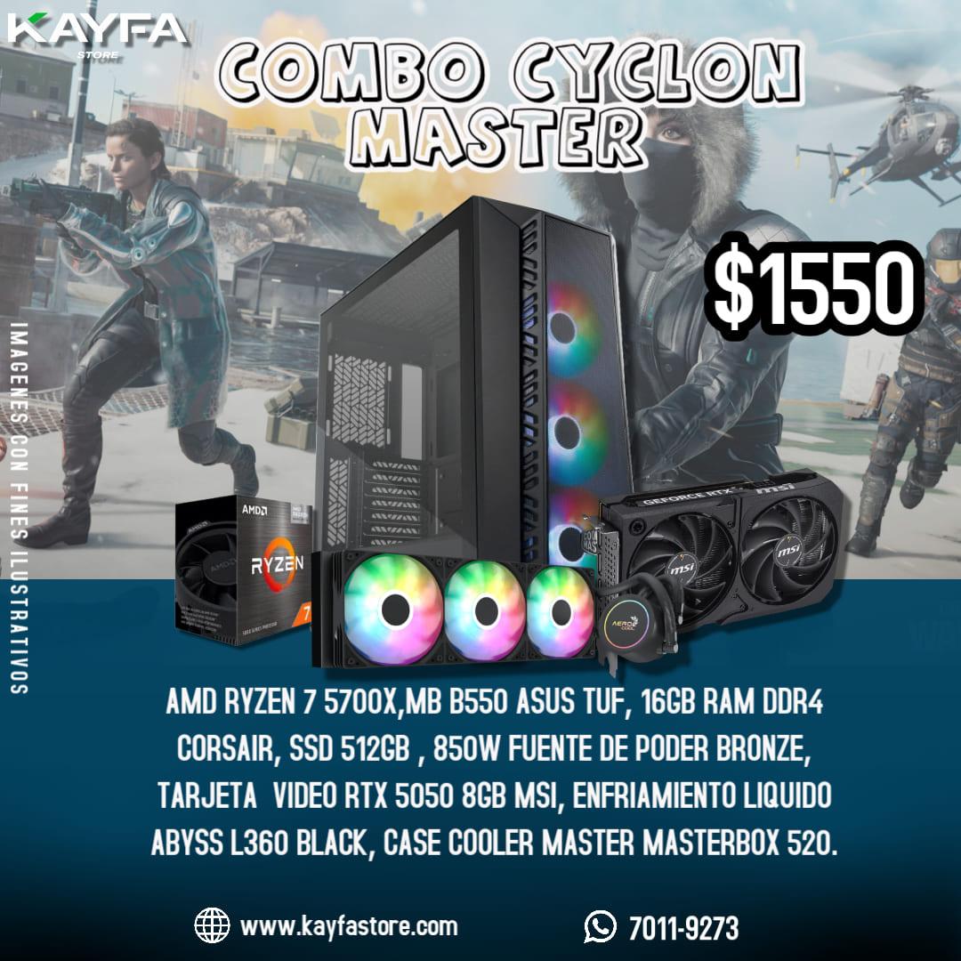 AMD RYZEN 7 5700X,MB B550 ASUS TUF, 16GB RAM DDR4 CORSAIR, SSD 512GB , 850W FUENTE DE PODER BRONZE, TARJETA  VIDEO RTX 5050 8GB MSI, ENFRIAMIENTO LIQUIDO ABYSS L360 BLACK, CASE COOLER MASTER MASTERBOX 520