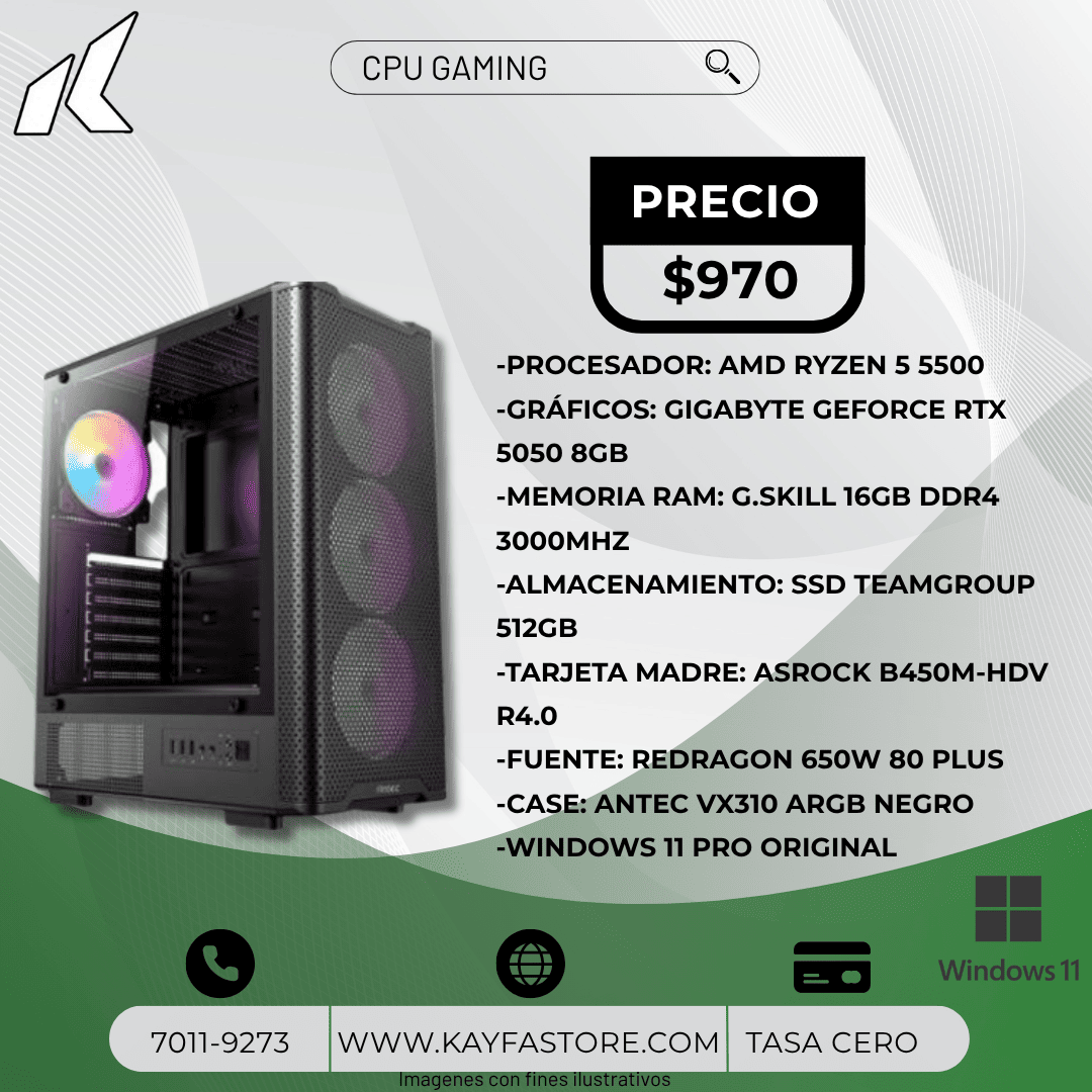 PC M-TEK Ryzen 5 5500 | RTX 5050 8GB | RAM 16GB | SSD 512GB | Fuente 650W | Case Antec ARGB | Windows 11 Pro.