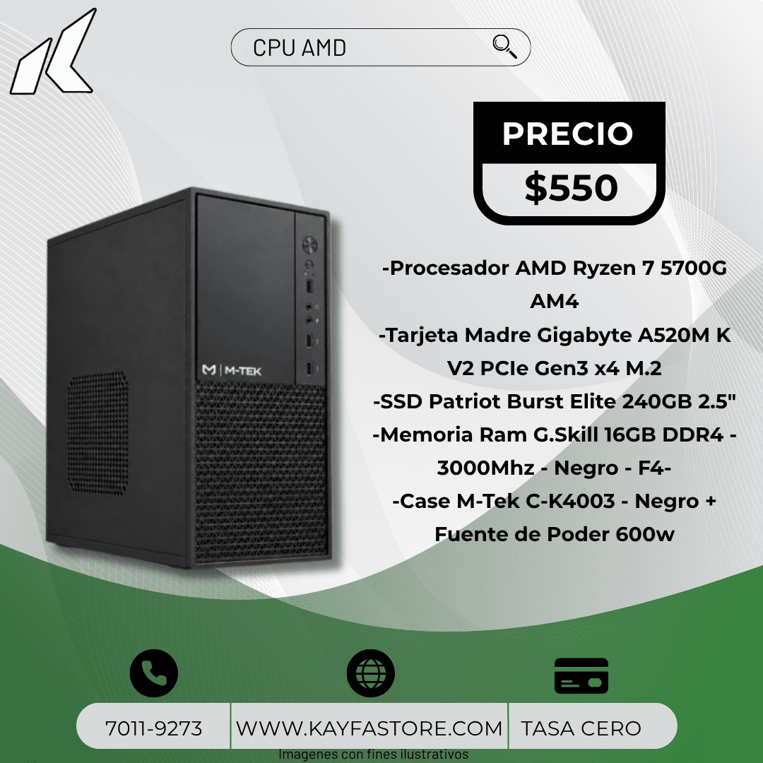 PC MTEK STARTER - Ryzen 7
5700G | 16GB DDR4 | A520M | SSD 240GB |
Case + Fuente