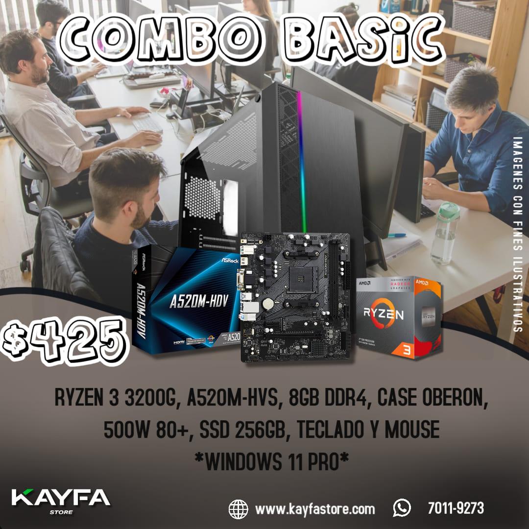 RYZEN 3 3200G, A520M-HVS, 8GB DDR4, 500W 80+, SSD 256GB, TECLADO Y MOUSE, WINDOWS 11 PRO